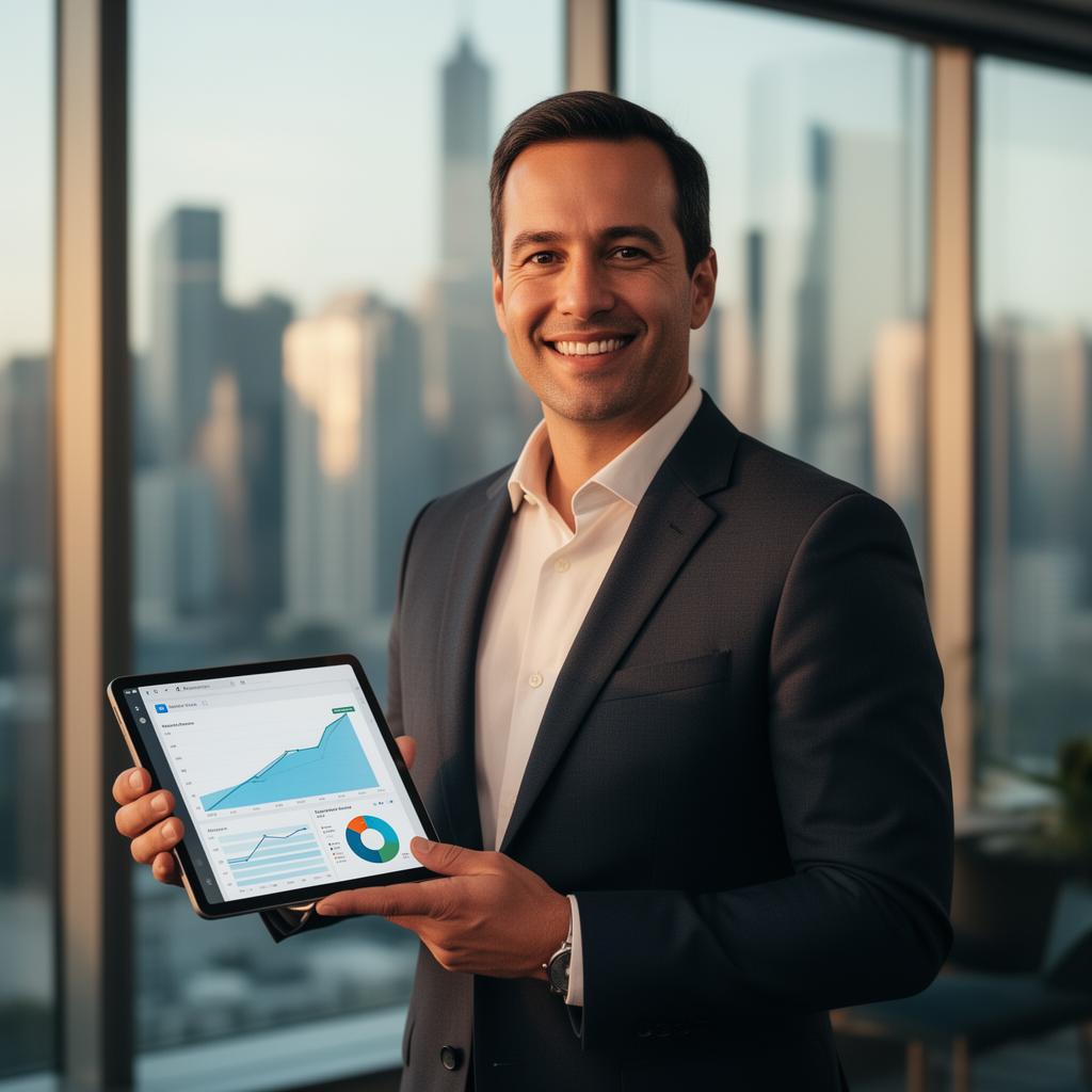 Confident entrepreneur with sales growth dashboard